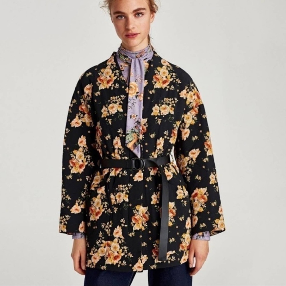 ZARA Quilted Floral Long Open Black Coat XS